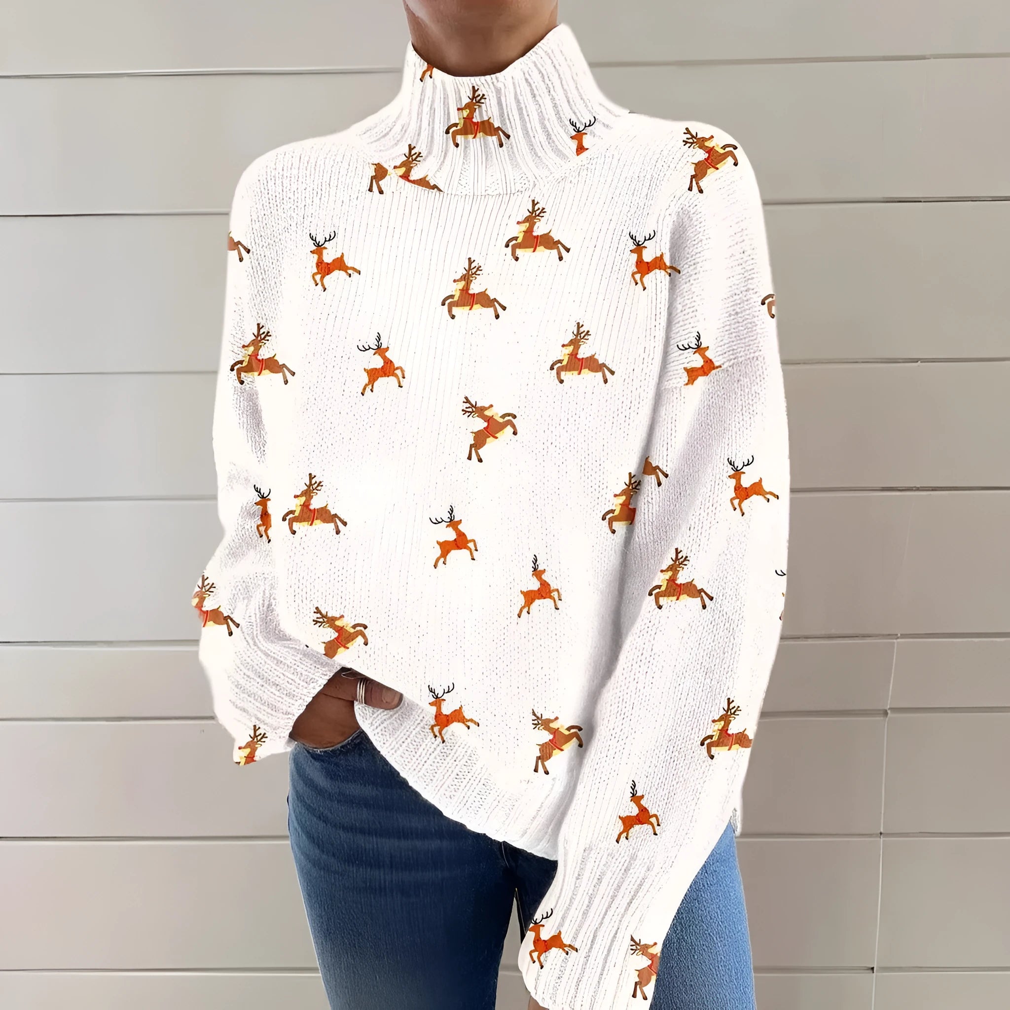 Women's loose-fit Christmas printed turtleneck sweater in polyester with turtleneck collar and long sleeves