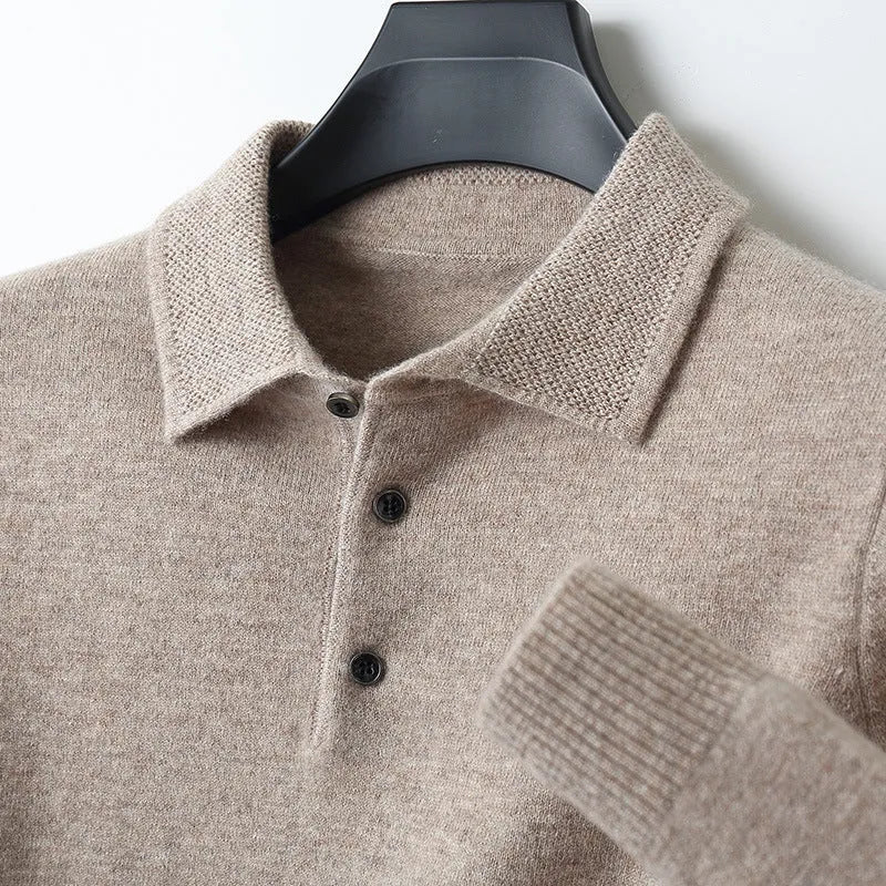 Men's woolen polo collar pullover sweater in noble blue colour on a hanger.