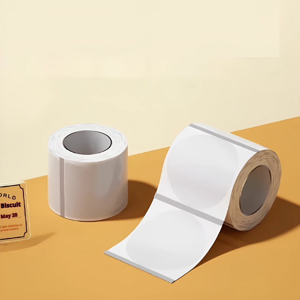 Transparent waterproof adhesive stickers in multiple sizes including rectangular and circular formats on thermal synthetic paper