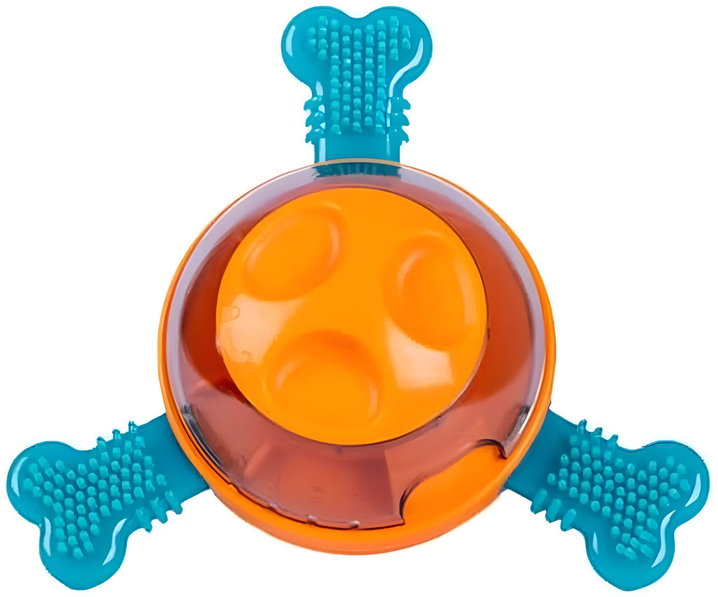 Blue rubber dog slow feeder toy with bone design for treat dispensing and mental stimulation