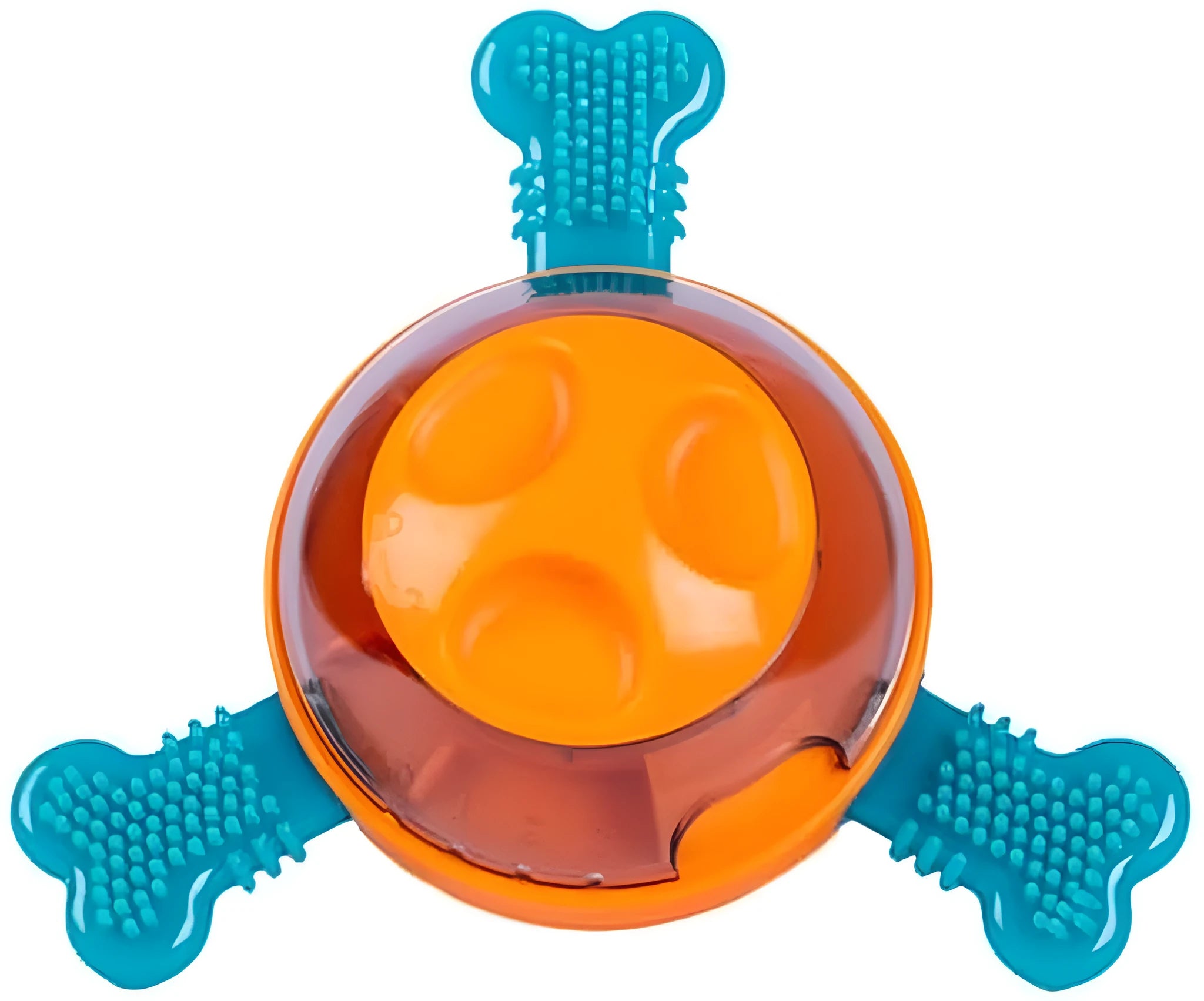 Blue rubber dog slow feeder toy with bone design for treat dispensing and mental stimulation