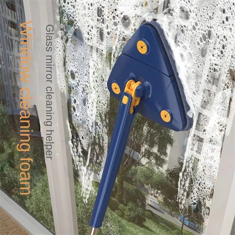 Extendable blue triangle mop with rotating head and long stainless steel pole for cleaning floors and walls.