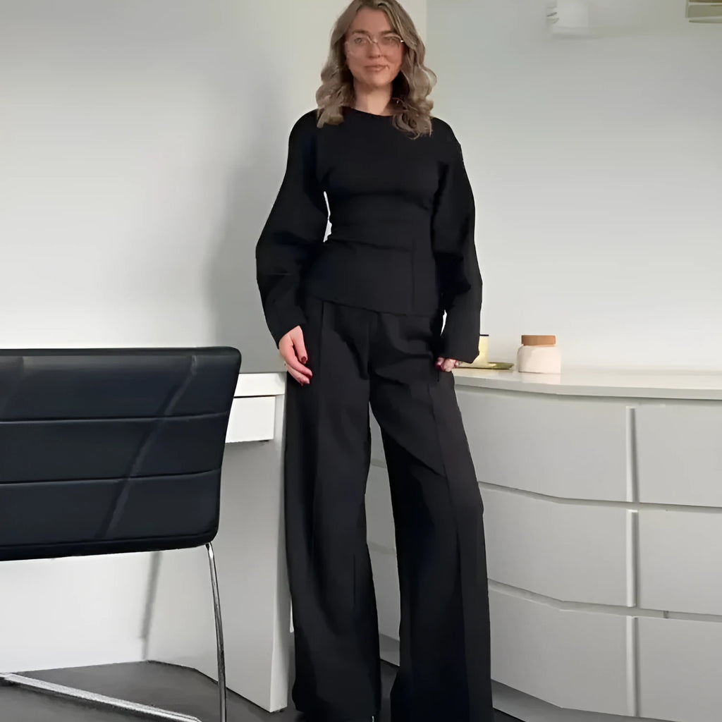Women's polar fleece two-piece suit set showing long sleeve O-neck top with wide-leg trousers