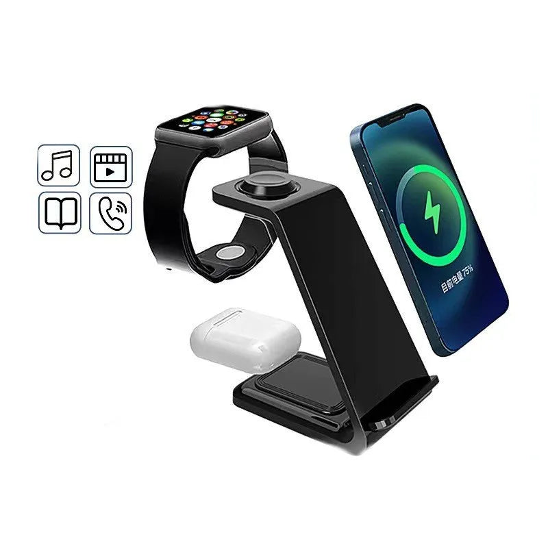 White upright wireless phone charger with dual-coil design and QC3.0 support on a desk.