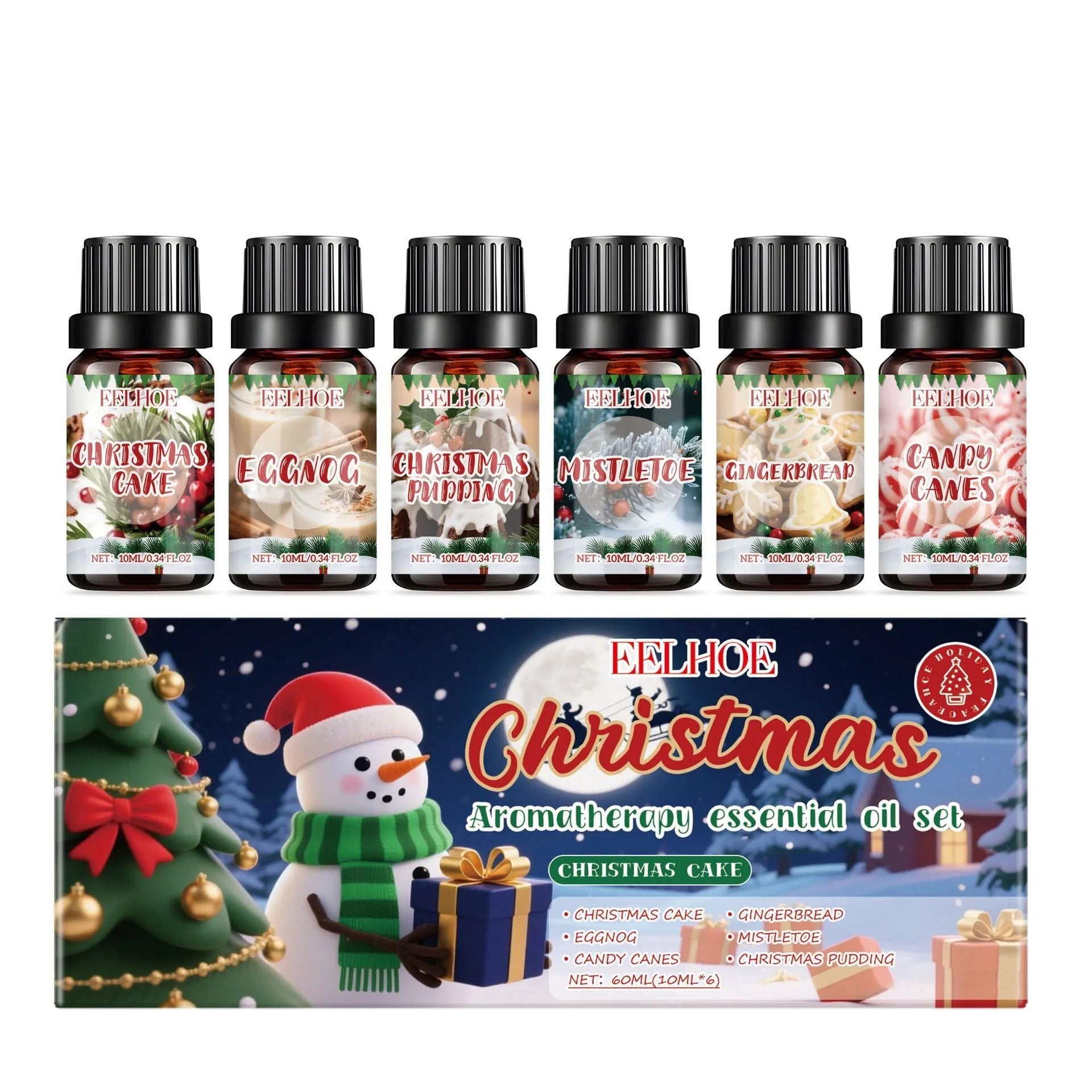 Christmas aromatherapy oil set showing 60ml warmer unit and six 10ml essential oil bottles