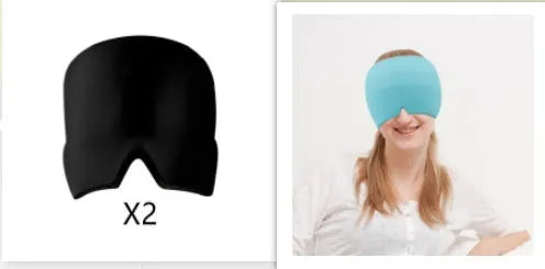 Cold therapy gel eye mask for headache relief in black colour on forehead