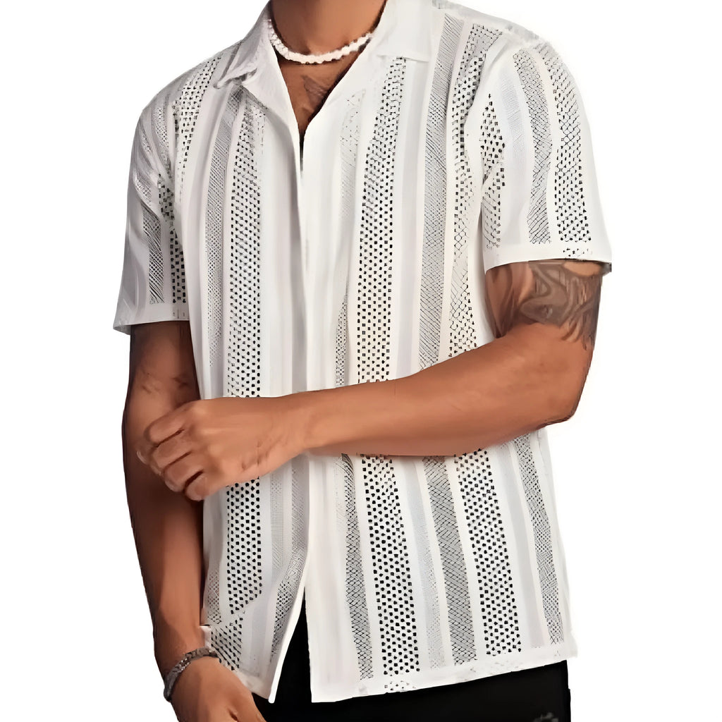 Man wearing a black knitted short-sleeved button shirt cardigan with a jacquard texture.