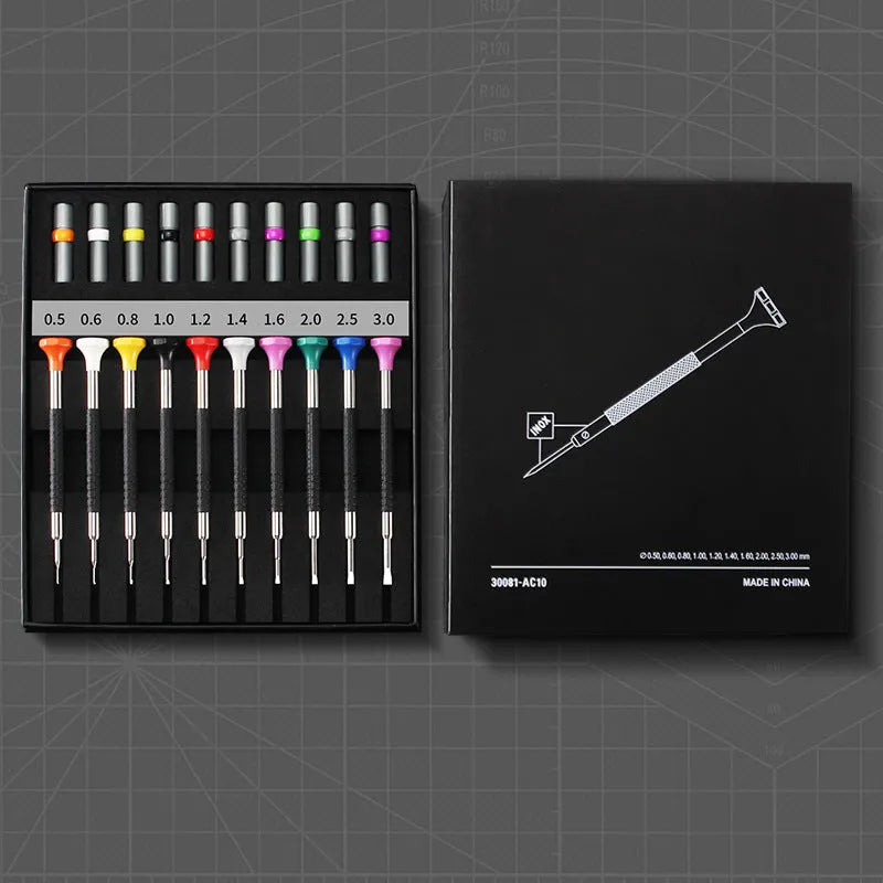 Precision manual screwdriver set for watch and glasses repair with 10 drivers and 20 spare bits