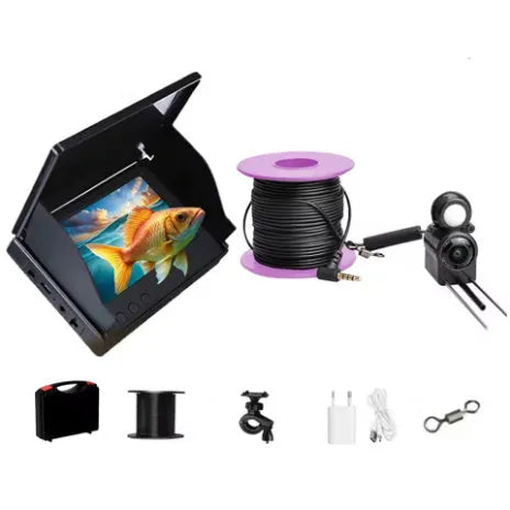 HD underwater fish finder camera with 4.3-inch screen, wide-angle lens, and night vision lights on a box.