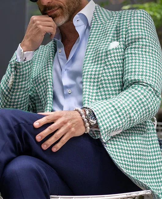 Men's British style slim fit suit jacket with two-button front and top-stitching pockets