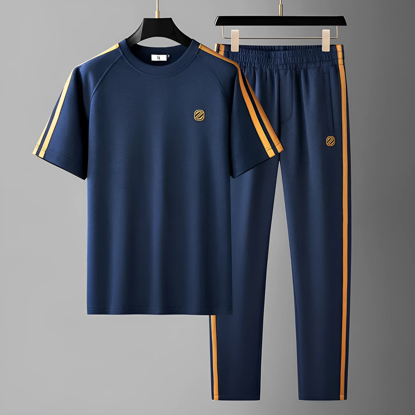 Men's ice silk style tracksuit set with short sleeve top and trousers in blue colour