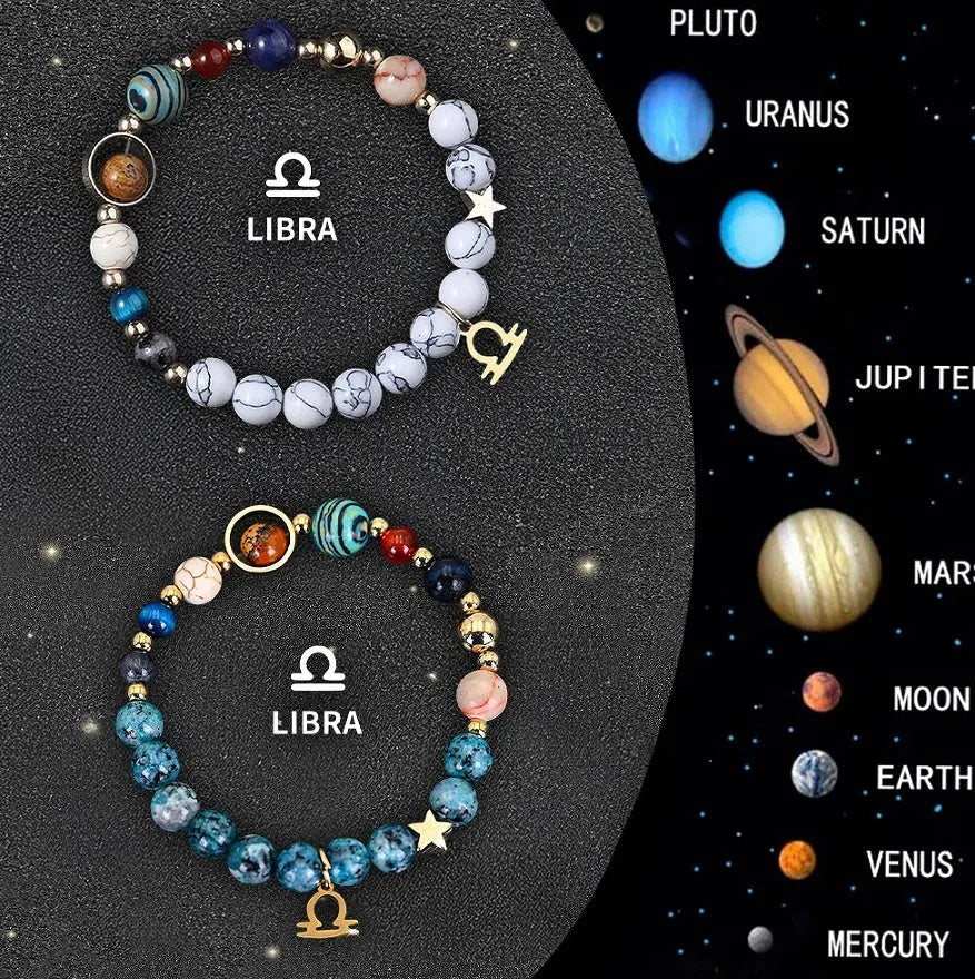 Twelve zodiac sign bracelets with natural stone beads on elastic cords showing all astrology symbols