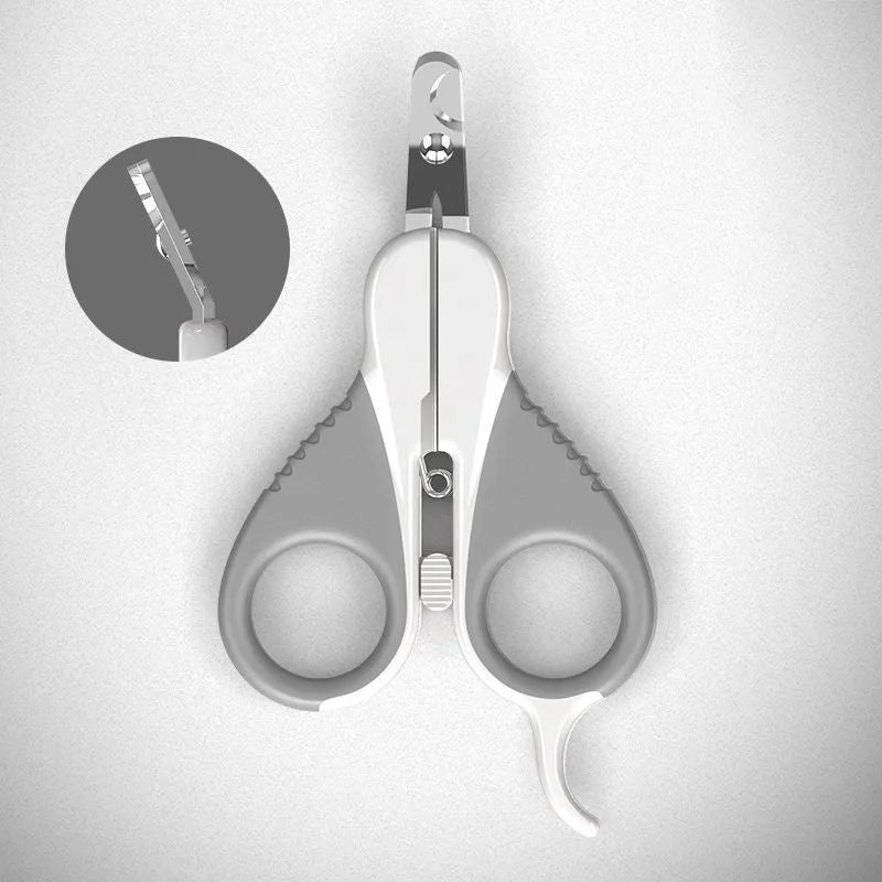 Grey and pink angled blade cat nail clippers with safety guard and non-slip handles for small pets.