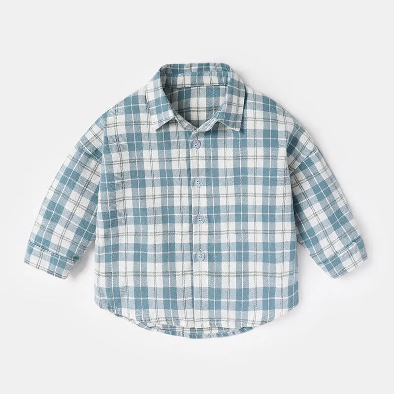 Boys' long sleeve cotton shirt with lattice and cartoon pattern in khaki colour.
