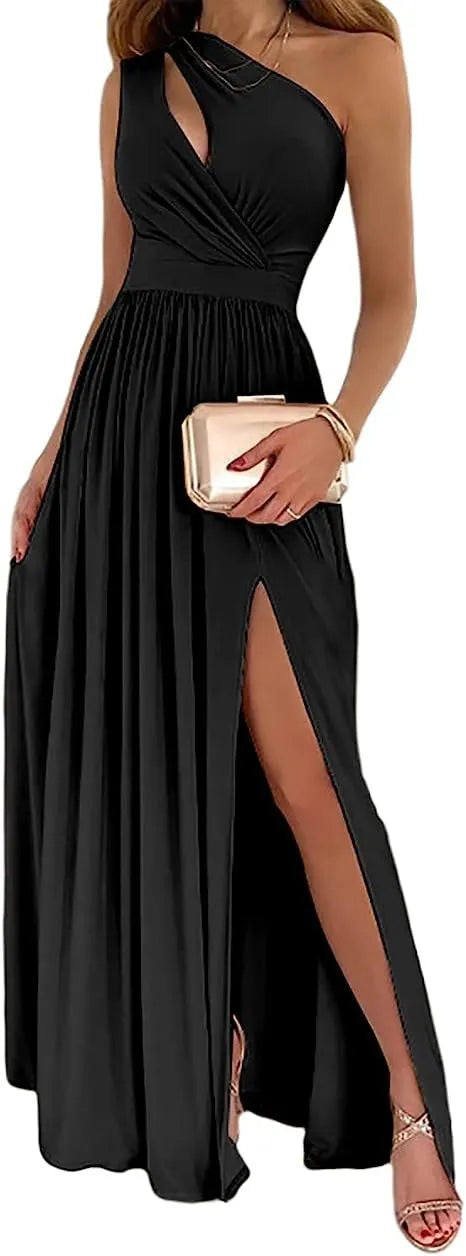 Women's apricot one shoulder sleeveless maxi dress with cutout detail and high split.
