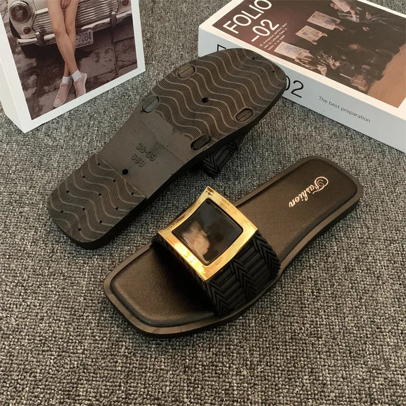 Women's apricot, black, and khaki flat summer slippers with a textured PVC sole.