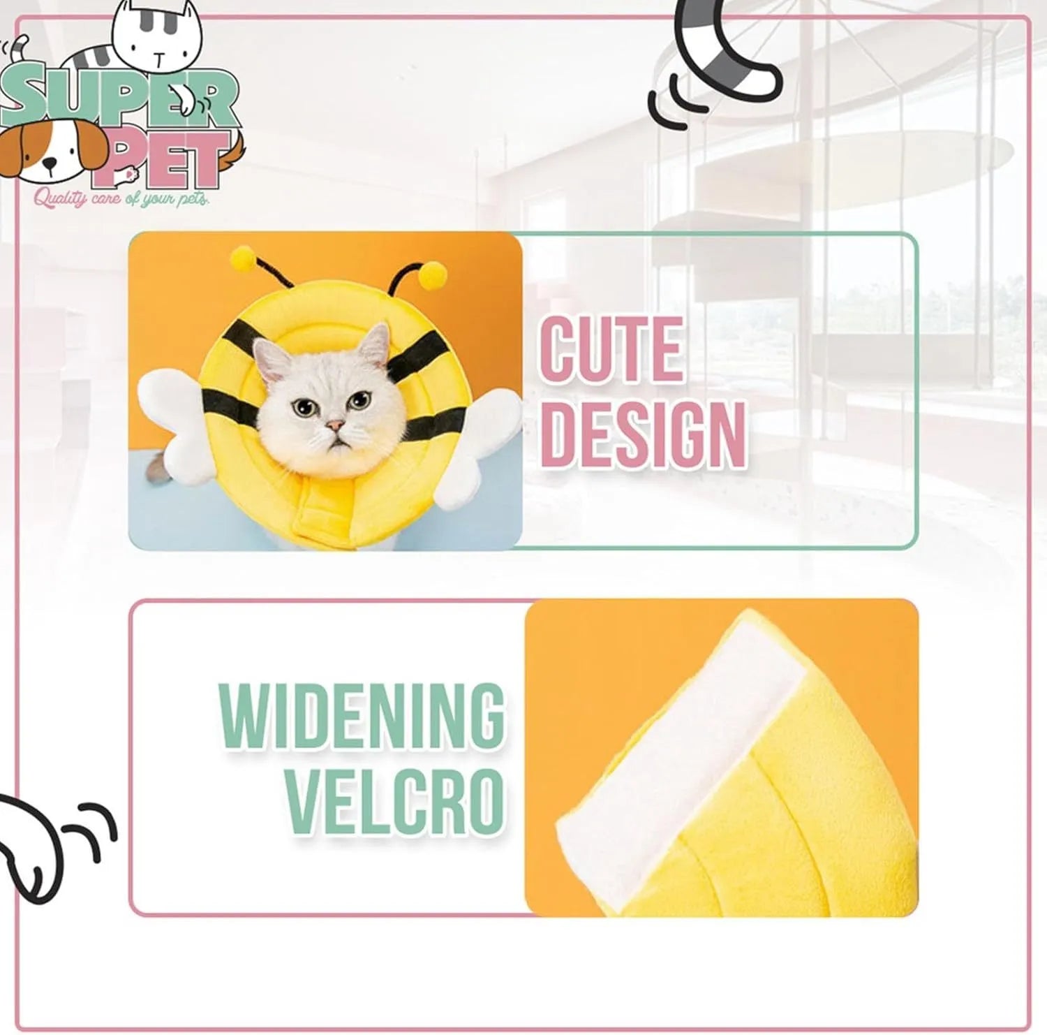 Soft cat cone collar with black and yellow bee design showing Velcro closure and curved protective shape