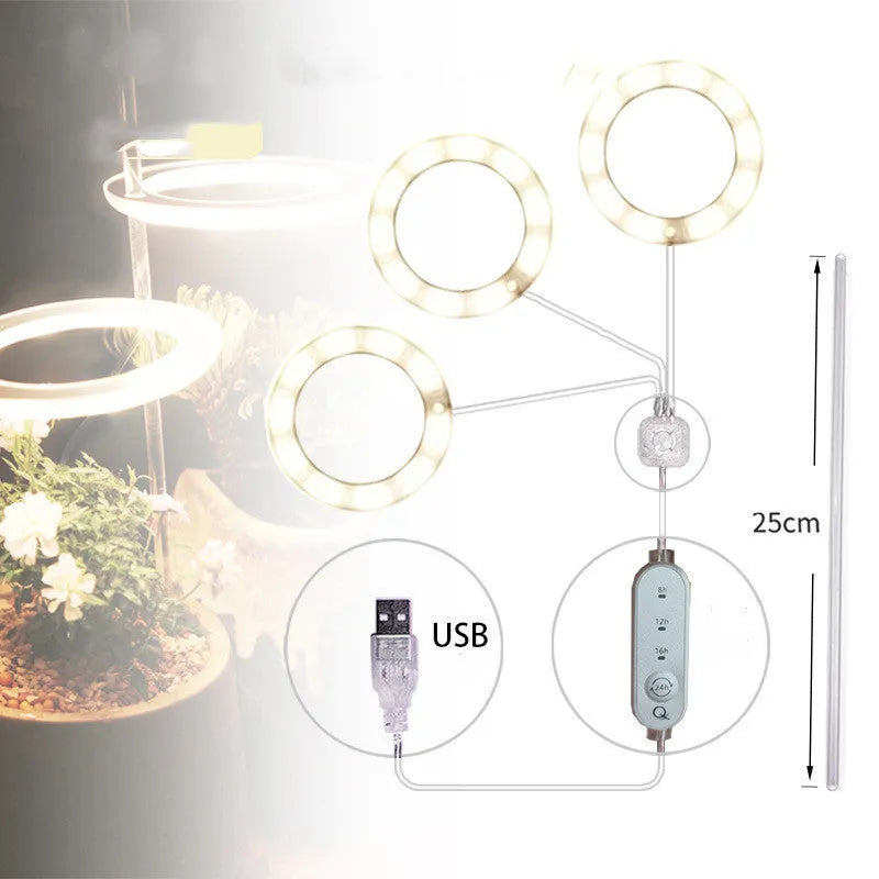 USB LED plant grow light with acrylic stick showing pink/white or yellow colour options
