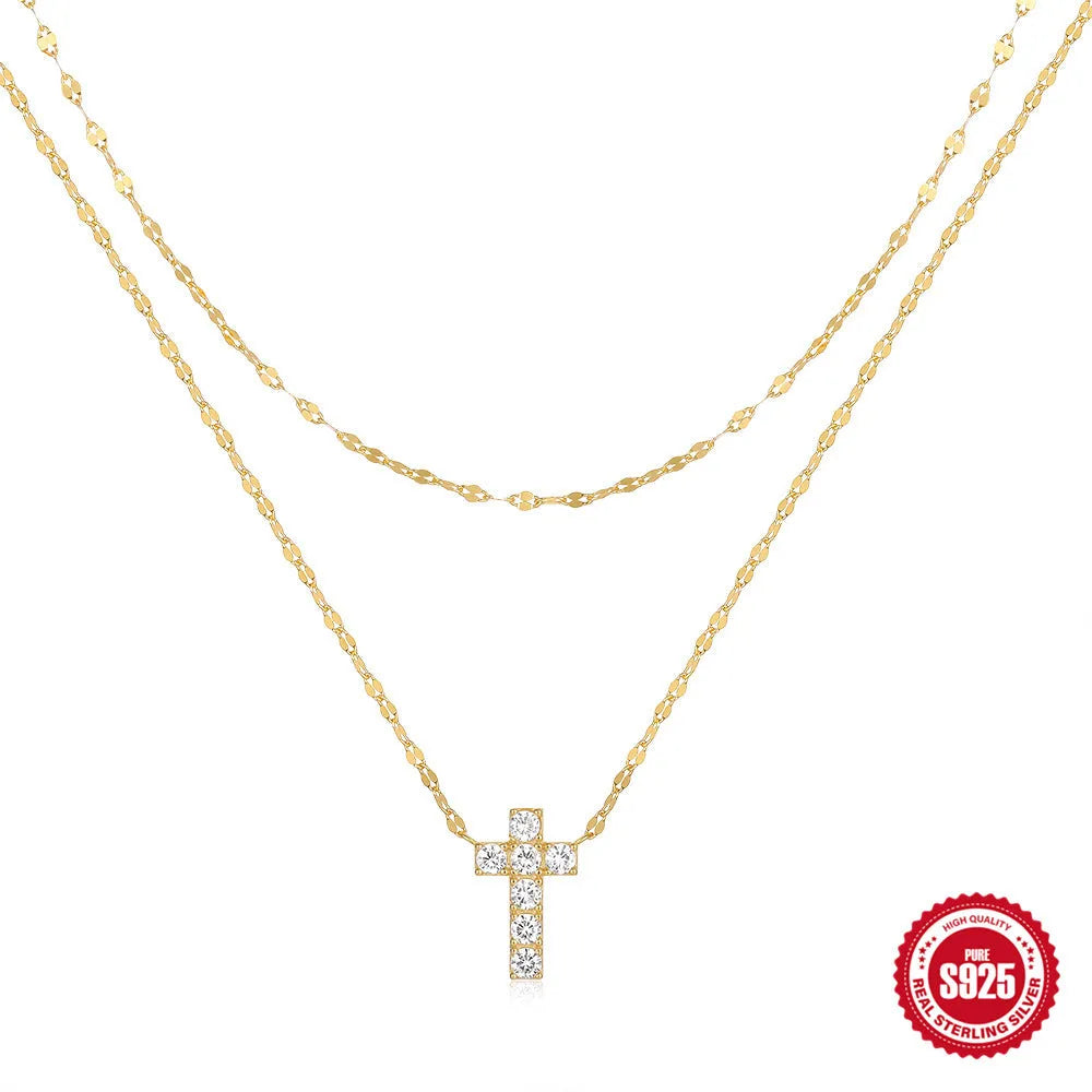 S925 sterling silver double layer cross pendant necklace with diamond treatment in gold colour