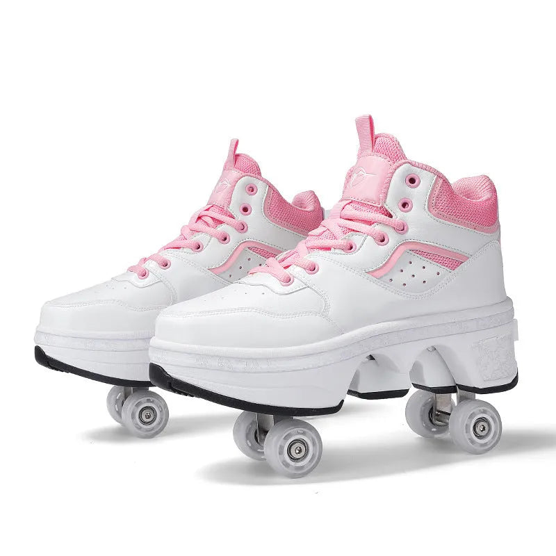 Women's minimalist retractable roller skates with PU wheels in DF06 black colour showing retracted mode