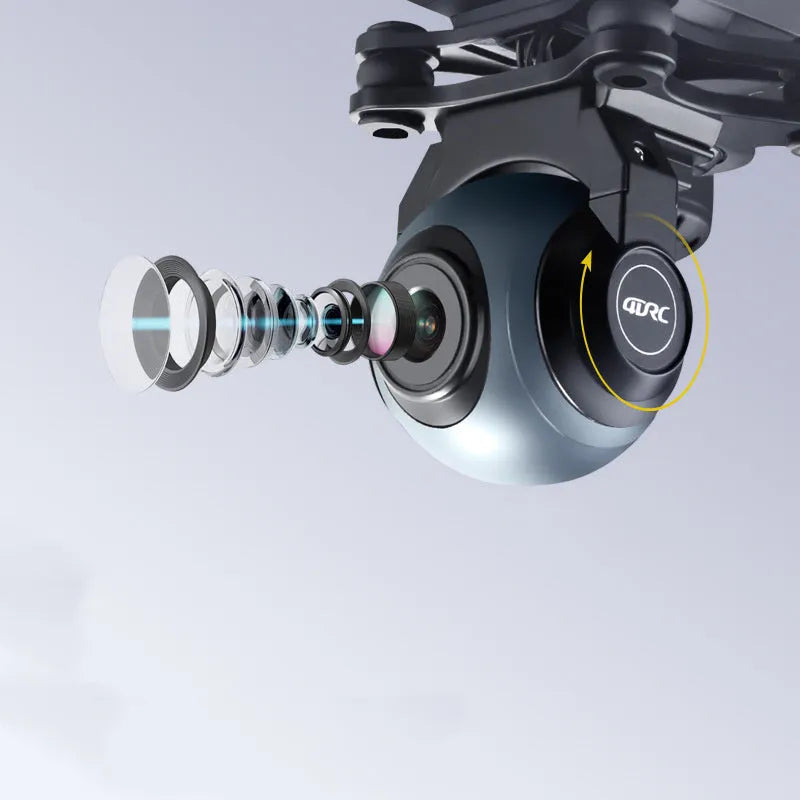 GPS quadrocopter drone with anti-fall protection and dual cameras, shown with remote controller and spare blades