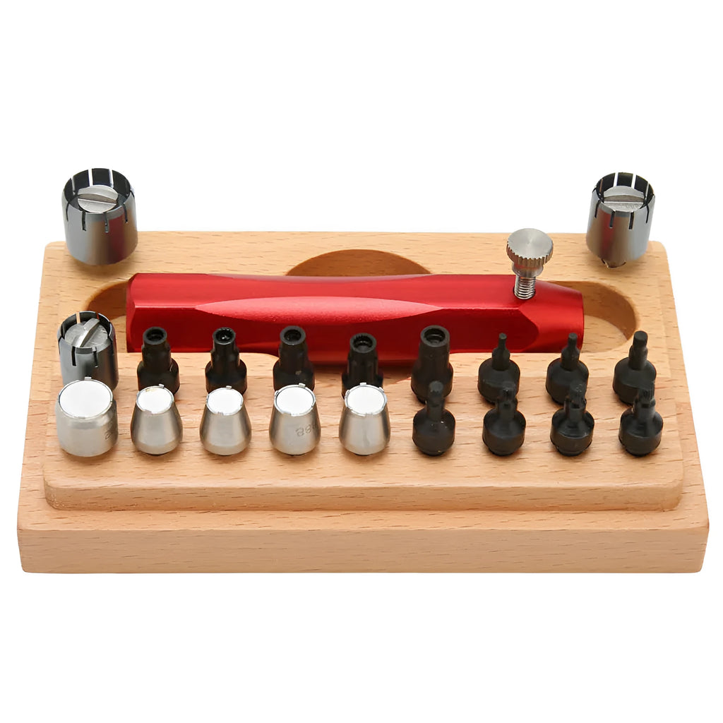 20-piece steel watch repair tool kit with extracting and opening tubes on a work surface.
