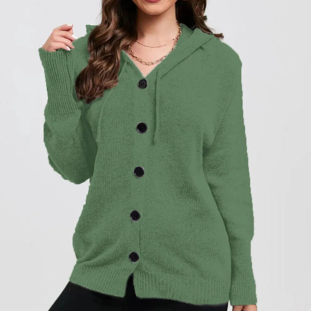 Women's solid colour hooded cotton cardigan sweater in a loose fit, shown in one of six available colours.