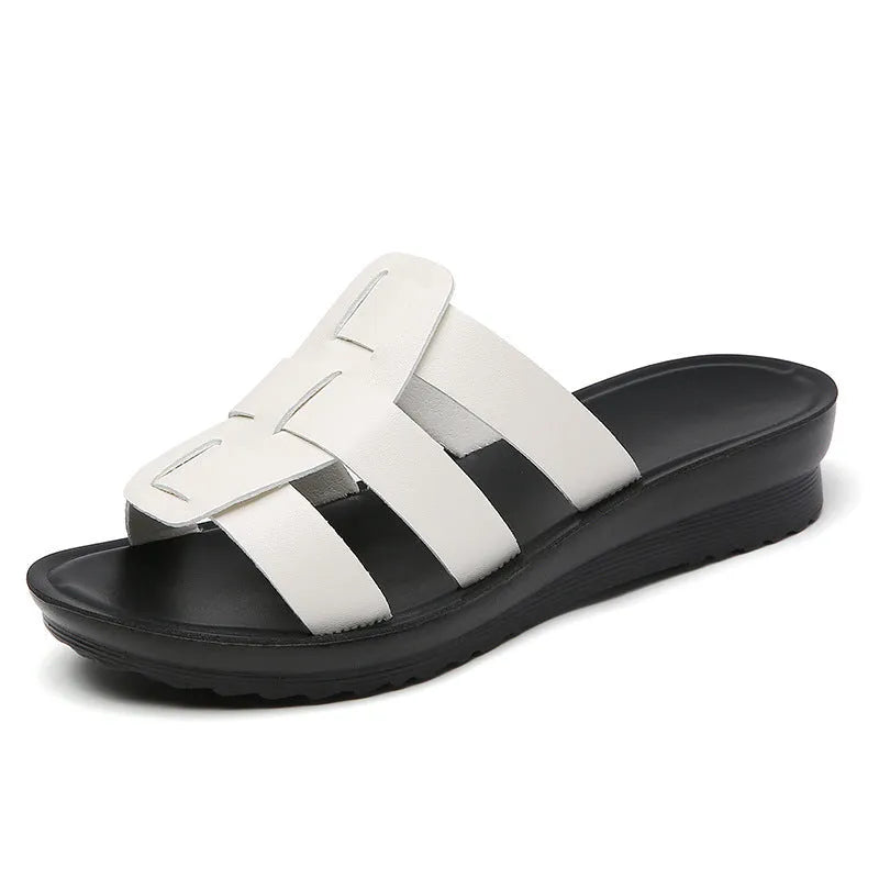 Women's flat bottom slippers in beige, black, and brown with viscose upper and non-slip PU sole