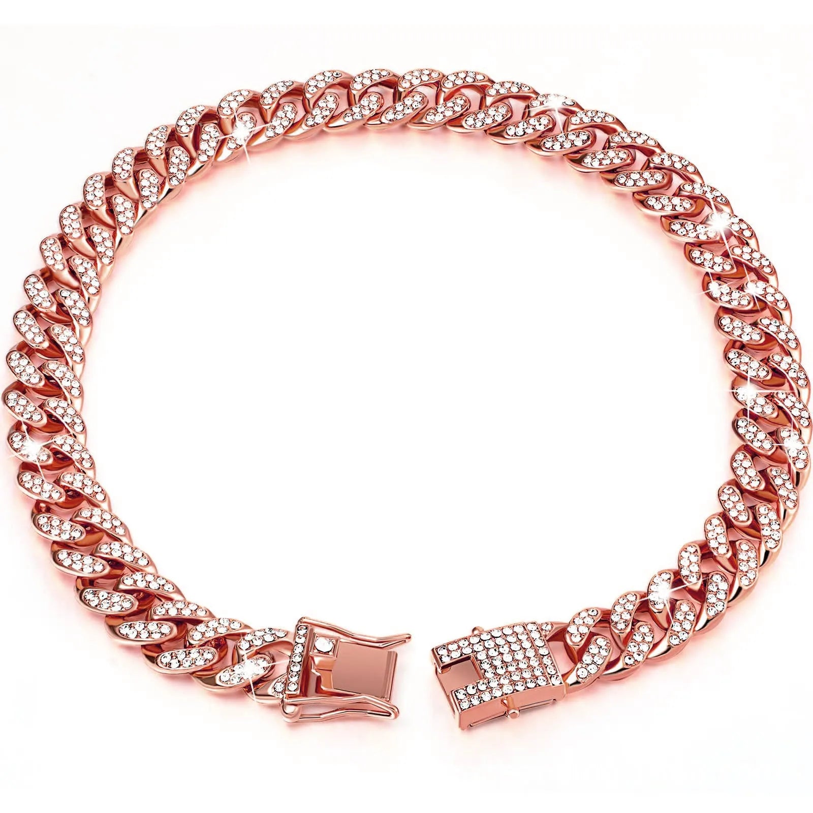 Gold alloy hip hop dog collar necklace with diamond pattern, 12.5mm width, on a white background.