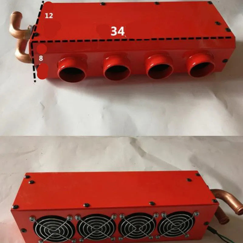 Metal car heating unit with copper piping for 12V/24V vehicle installation measuring 34x12x8cm