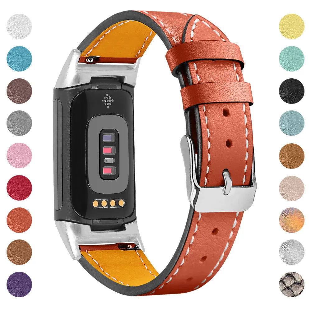 Genuine cowhide leather replacement strap for Fitbit Charge 5 and Charge 6 smart watches