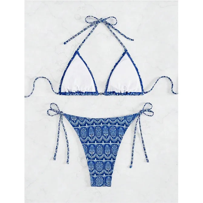 Women's split bikini swimsuit with bandage style and contrast stitching in polyester fabric