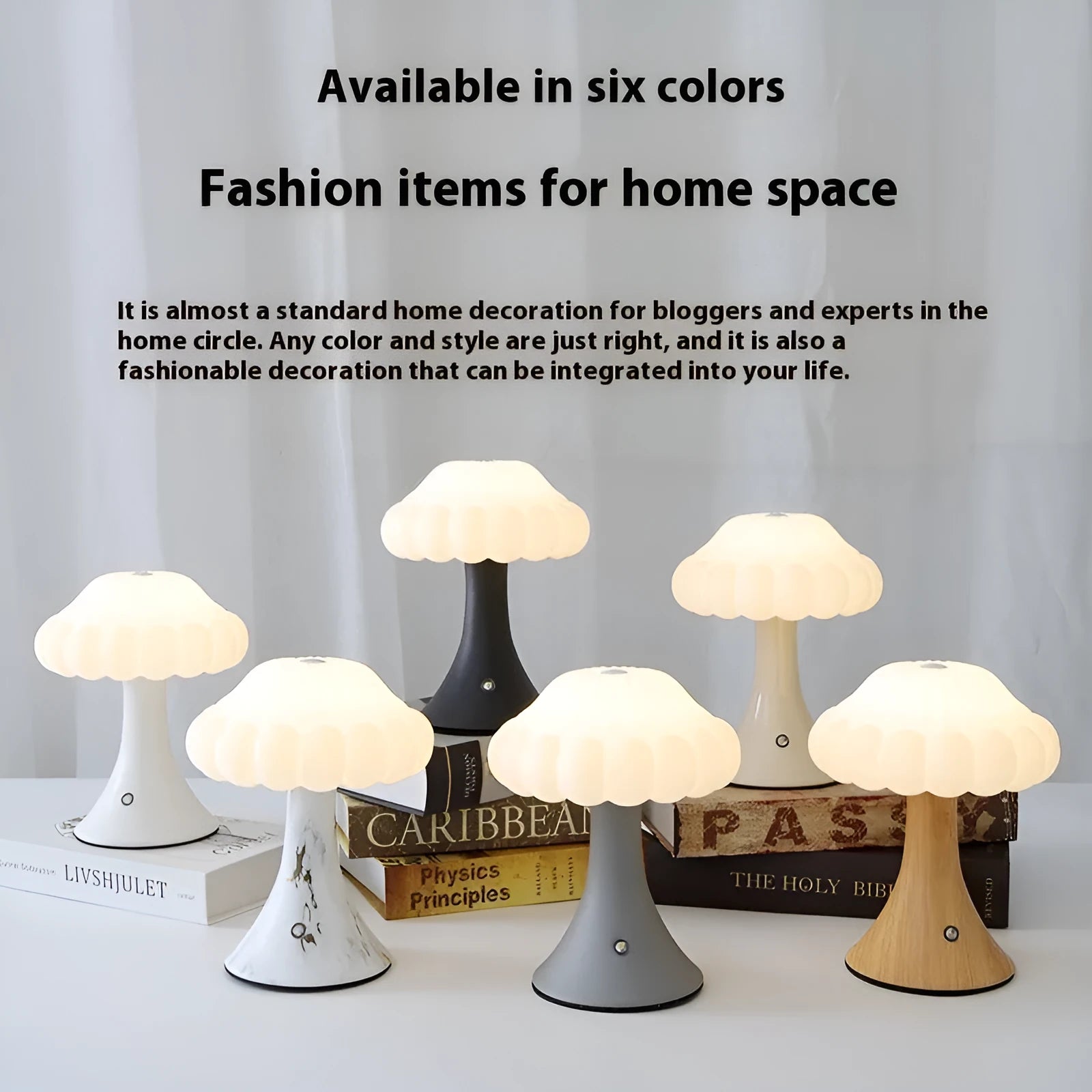 Mushroom-shaped USB rechargeable night lamp with touch control in wood grain finish