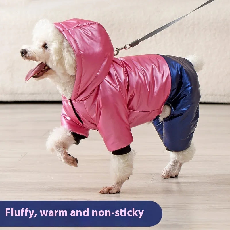 Green four-legged dog cotton coat showing waterproof windproof pet clothing design