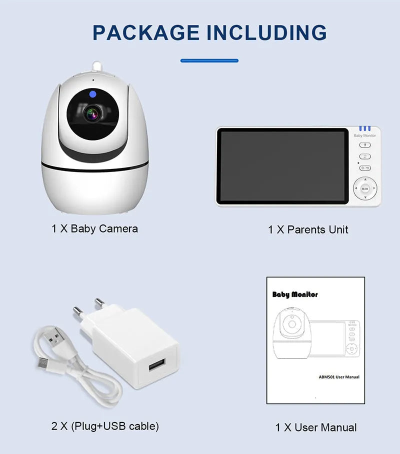 White HD wireless baby monitor with 5-inch screen on a nursery shelf.