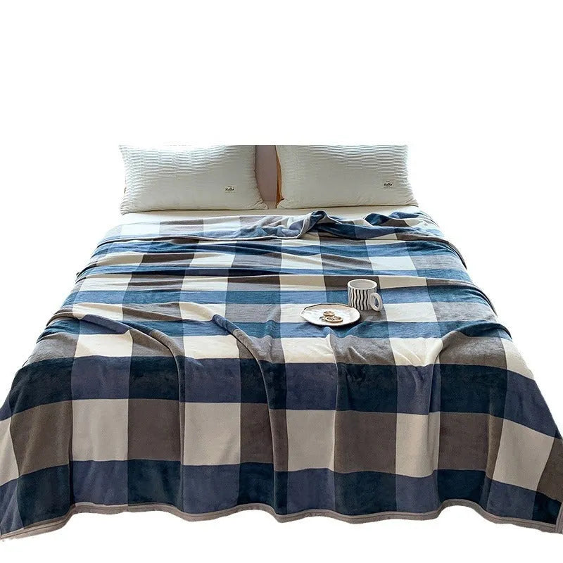 Thickened polyester fleece blanket in gray blue checked pattern as sofa cover