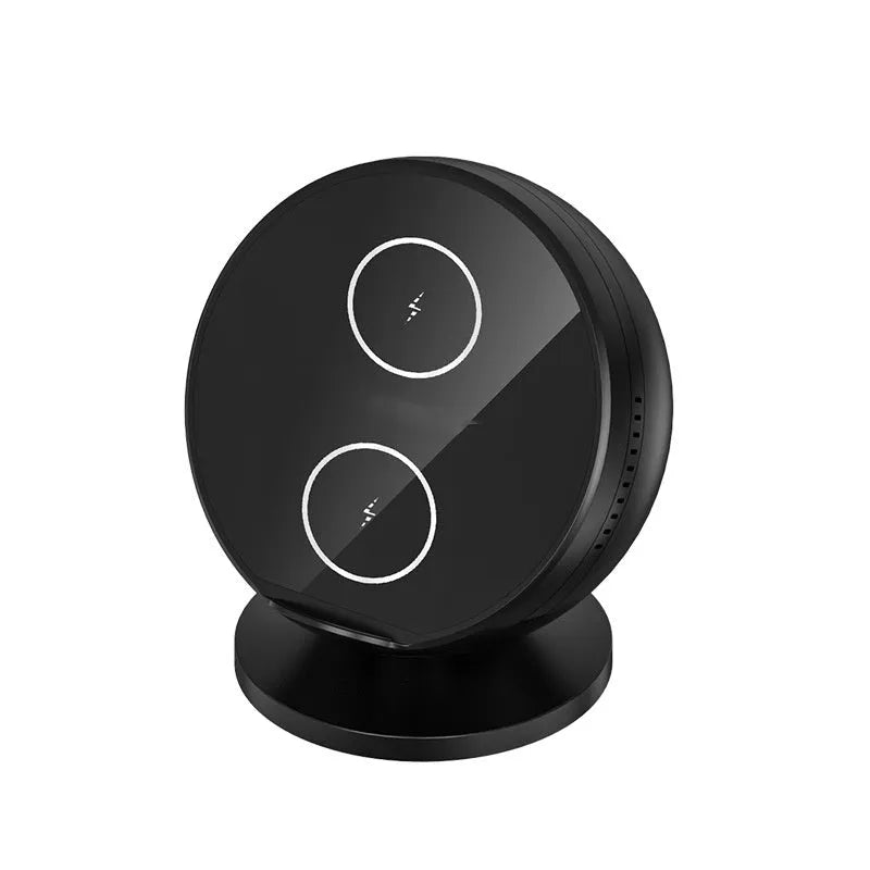Black mobile phone wireless charging holder with integrated Bluetooth speaker showing phone display angle