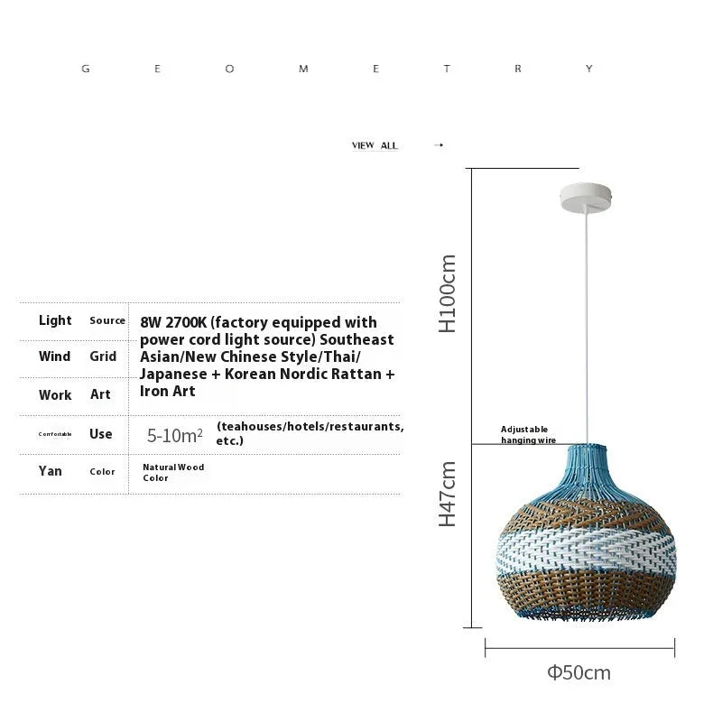 Vine woven rattan pendant ceiling lamp with natural materials in pastoral Southeast Asian style