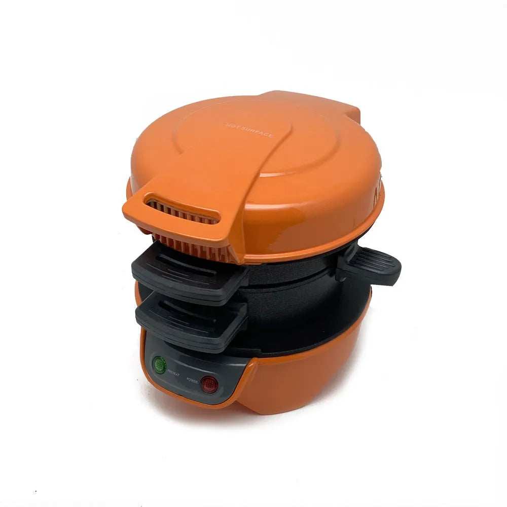 Bright red breakfast machine with sandwich maker, egg cooker ring and waffle maker functions