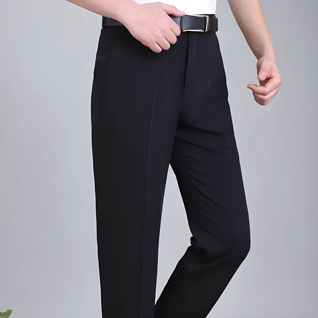 Men's straight-leg business trousers in mulberry silk blend fabric with high waist design