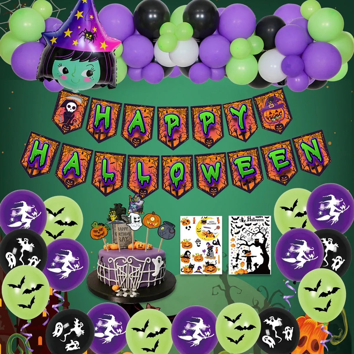 Halloween balloon combo set with skull and pumpkin designs in white and black colours for spider balloon arch
