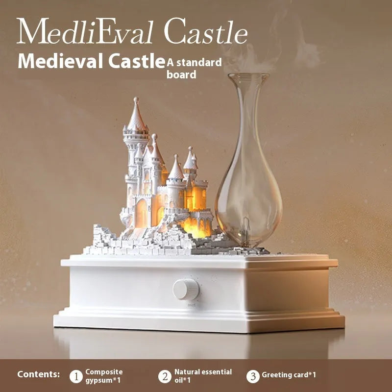 White medieval castle shaped waterless aromatherapy machine with ambient light on a wooden surface.