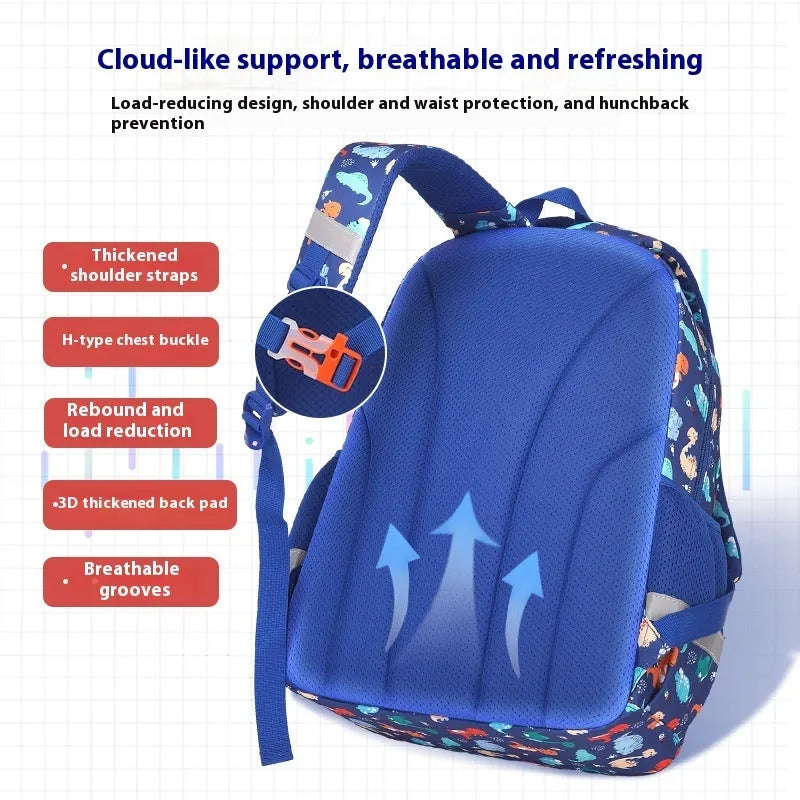 Blue children's waterproof school backpack with dinosaur pattern and curved shoulder straps on a white background.