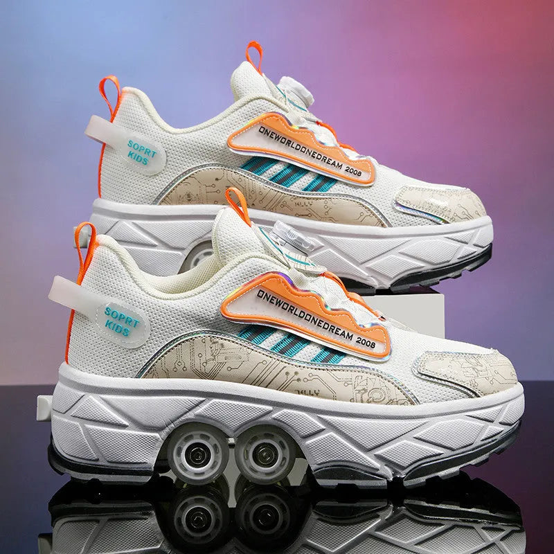 Children's quad roller skates with PU wheels and brake system in beige and orange, side view showing wheel and lace-up boot