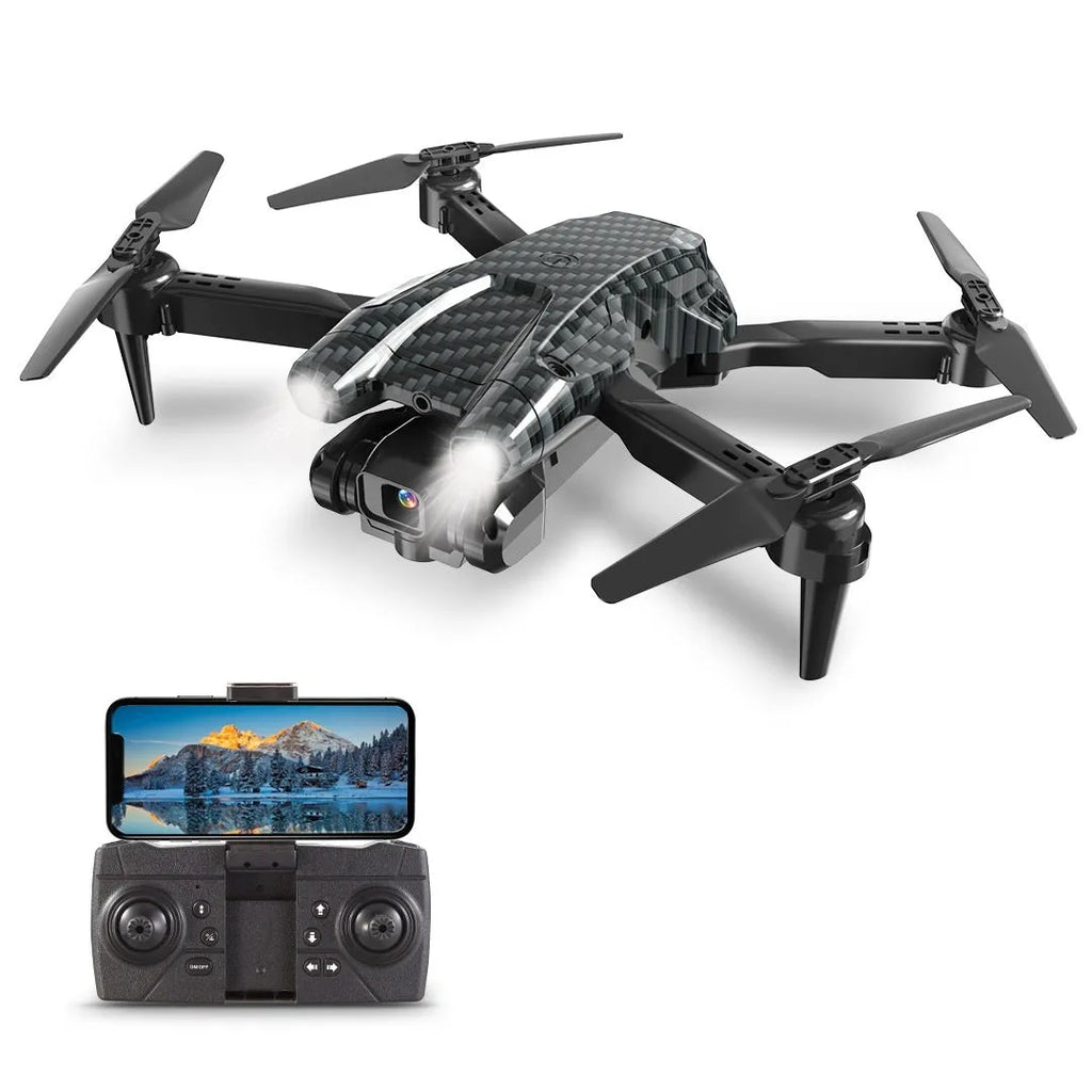 S138 black folding quadcopter drone with obstacle avoidance sensors and dual cameras, folded to under 30cm size