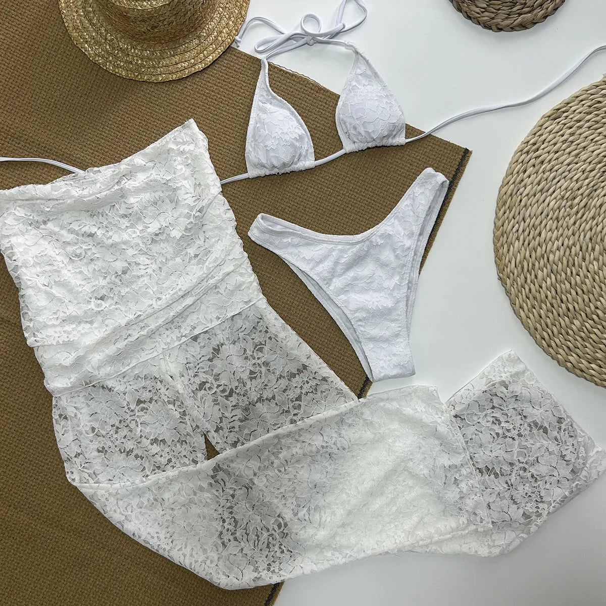Women's lace three-piece bikini swimsuit set in solid white colour with Lycra lining