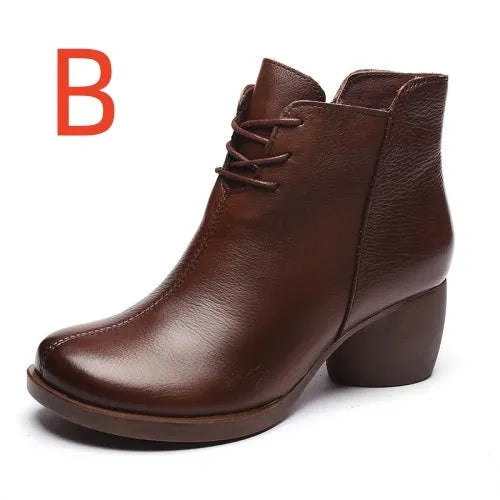 Women's black leather Martin boots with thick mid-heel and round toe design