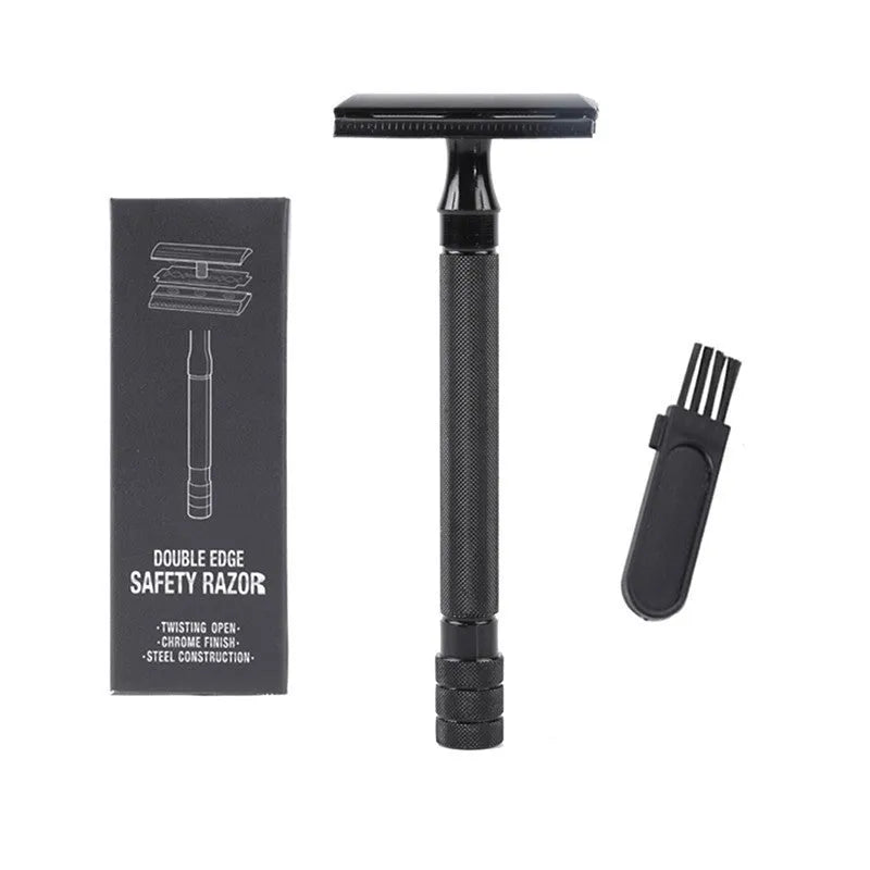 Traditional manual safety razor and shaving brush set in chrome metal finish