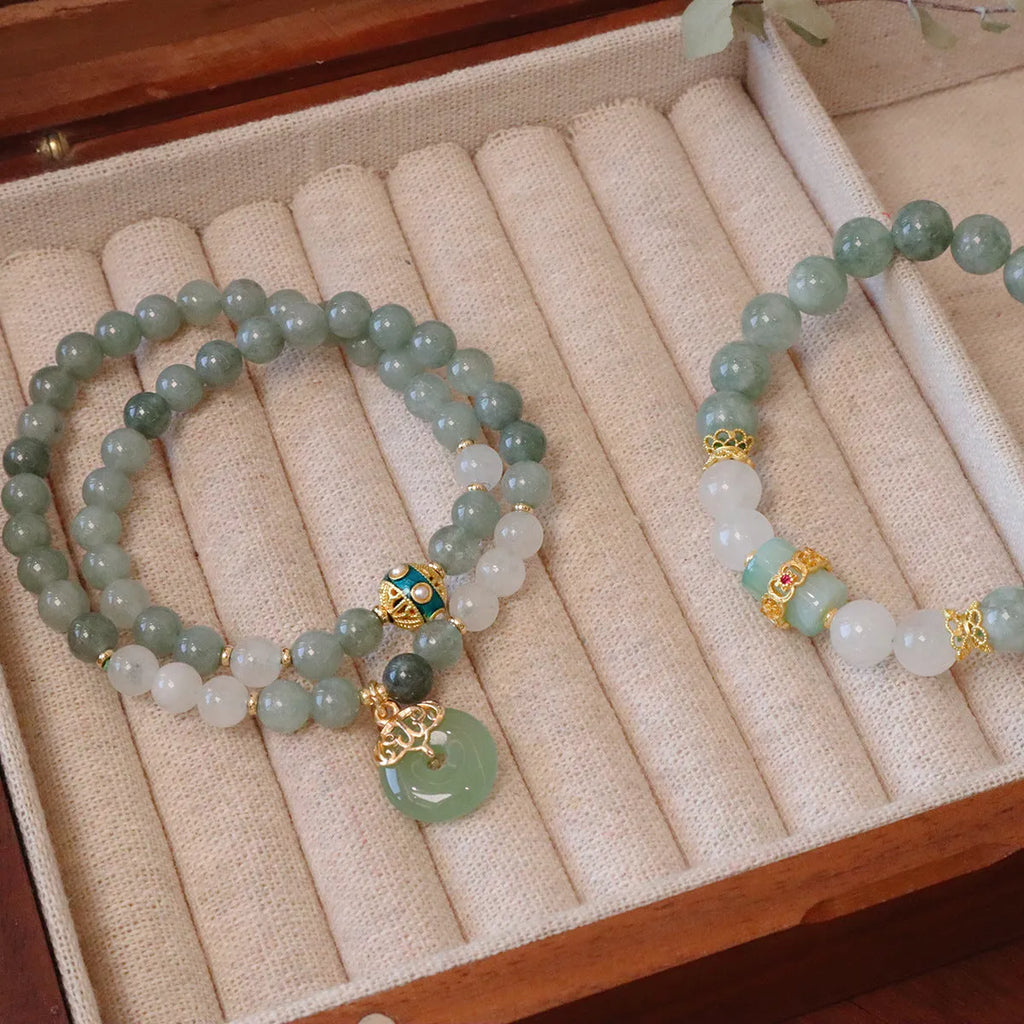 Women's safety buckle bracelet with Myanmar jade stones and geometric lucky bead design