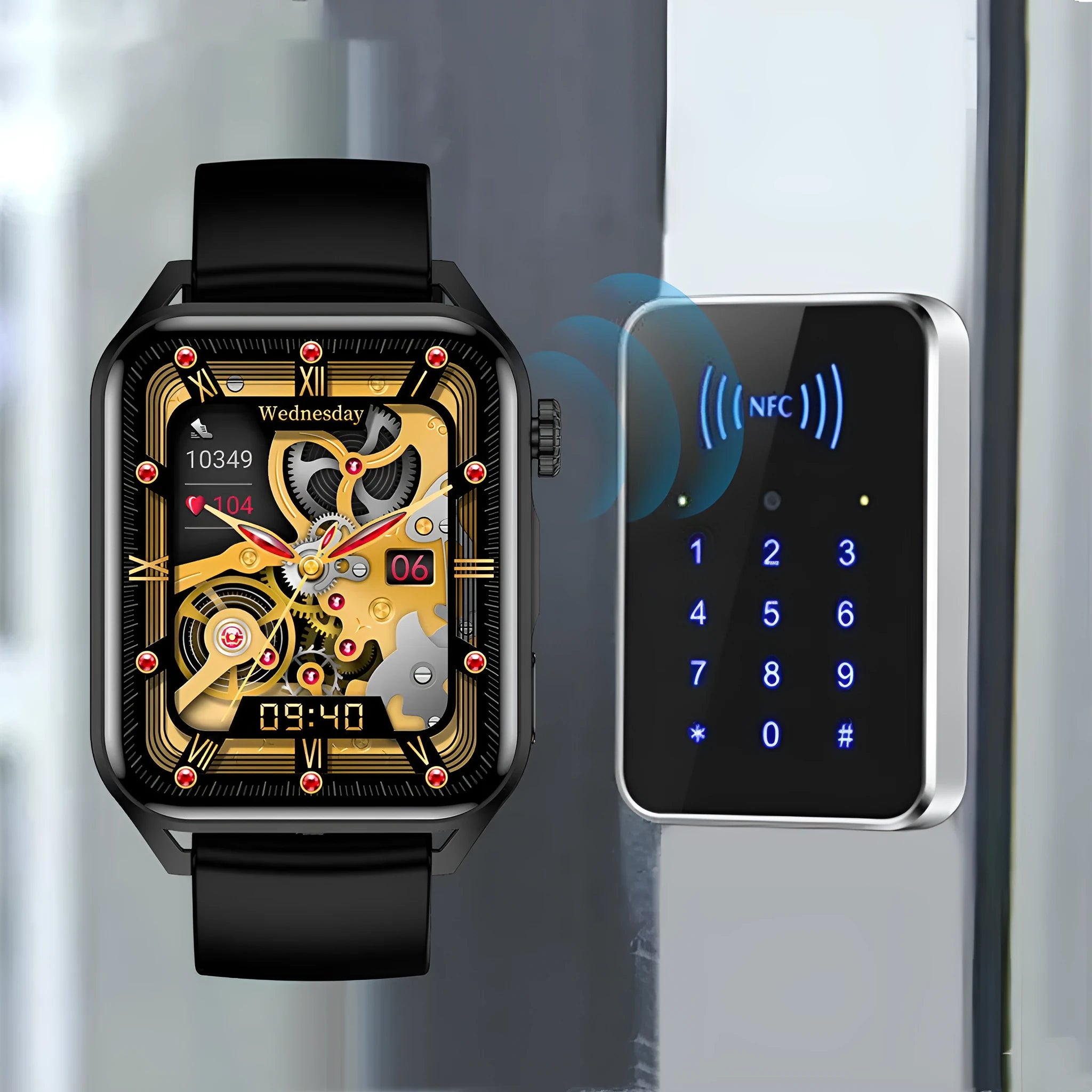 Pink AMOLED NFC smart watch on wrist showing time on 1.8-inch HD screen